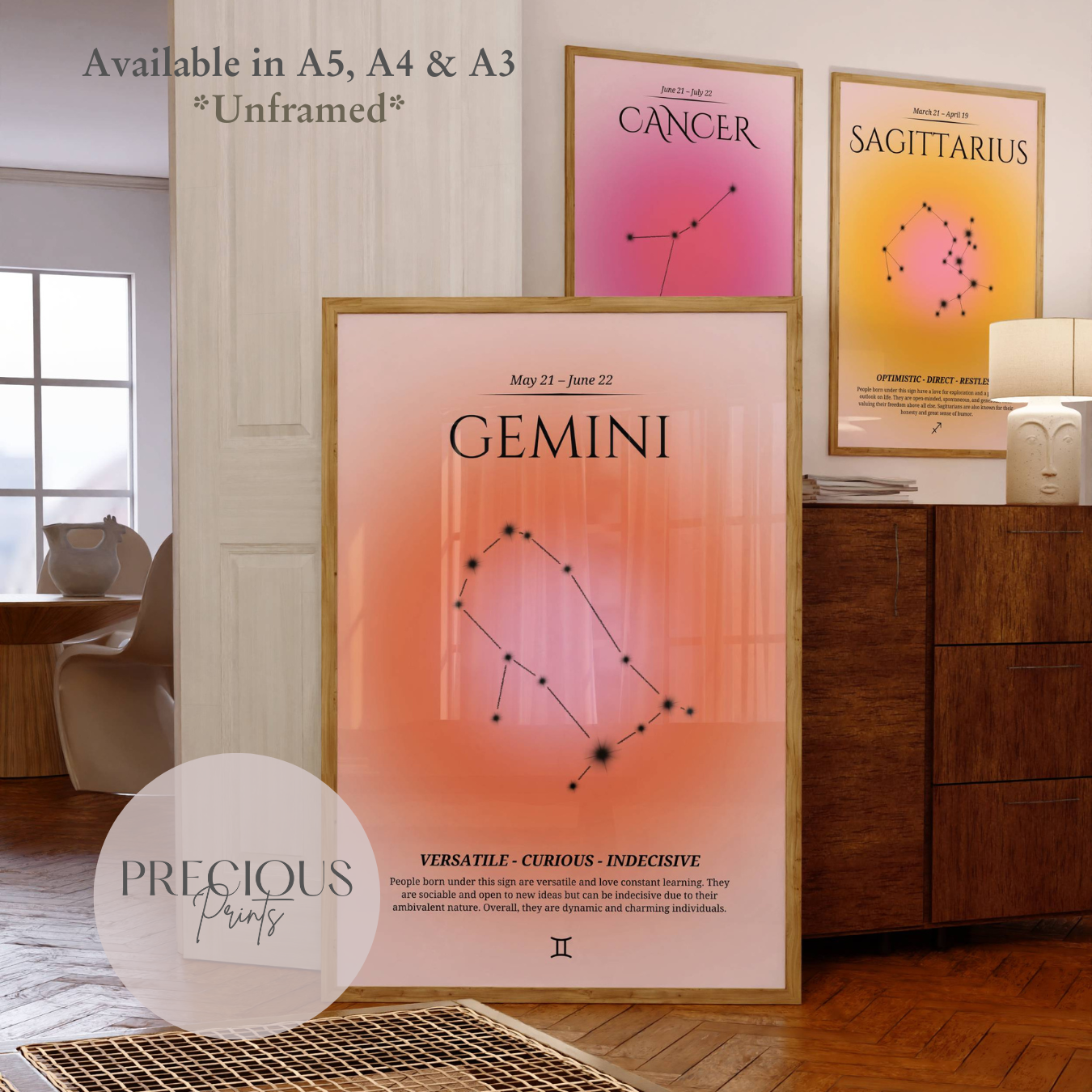 Gemini Zodiac Print / Preppy Trendy Wall Art Poster / A5 A4 A3 Unframed Pink