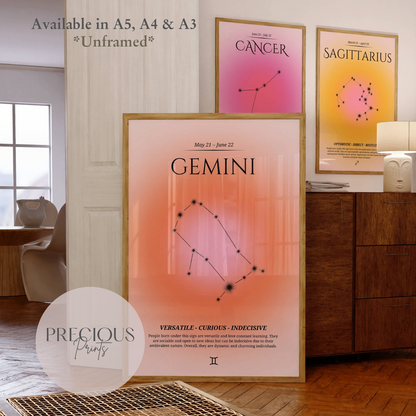 Gemini Zodiac Print / Preppy Trendy Wall Art Poster / A5 A4 A3 Unframed Pink