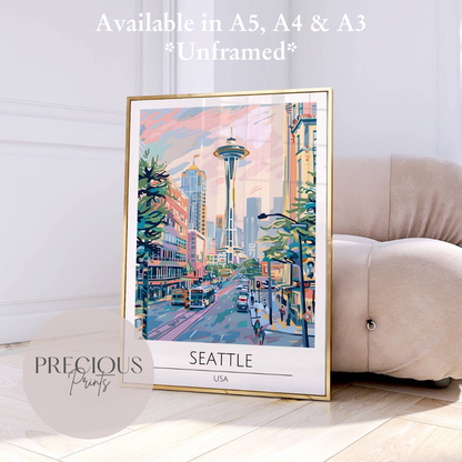 USA, Seattle Travel Print Poster / Vintage Wall Art / A5 A4 A3