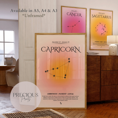 Capricorn Zodiac Print / Preppy Trendy Wall Art Poster / A5 A4 A3 Unframed Pink