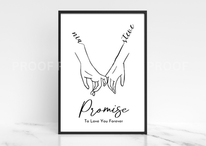 Pinky Promise Personalised Valentine Anniversary Gift Hand Line Art A5 A4 A3
