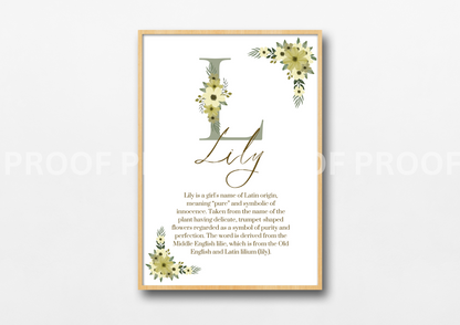 Personalised Print Birth Stats Meaning of name Elegant Floral A5 A4 A3