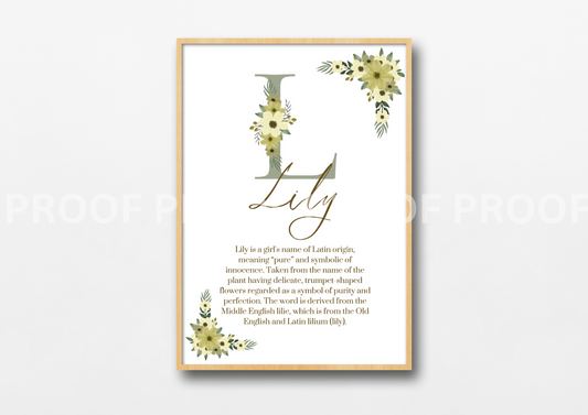 Personalised Print Birth Stats Meaning of name Elegant Floral A5 A4 A3