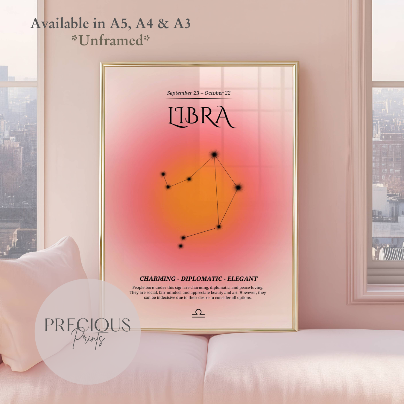 Libra Zodiac Print / Preppy Trendy Wall Art Poster / A5 A4 A3 Unframed Pink