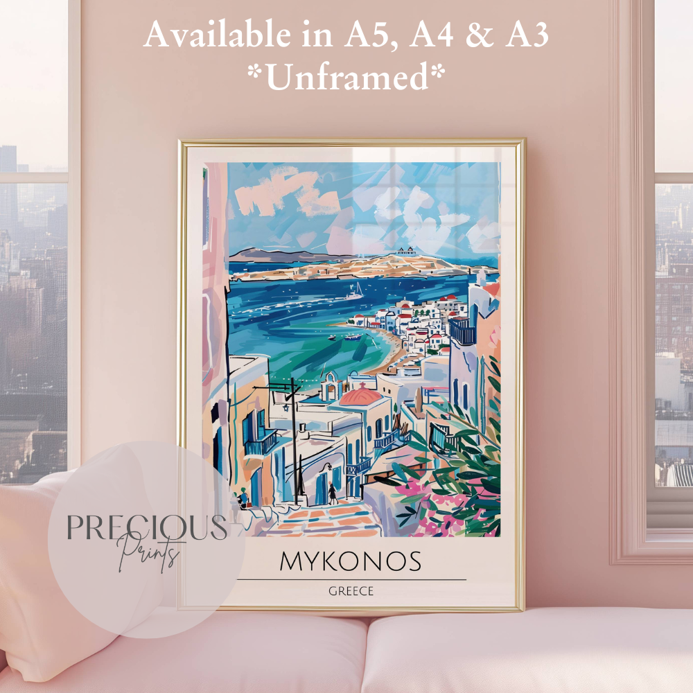 Greece, Mykonos Travel Print Poster / Vintage Wall Art / A5 A4 A3 / Unframed
