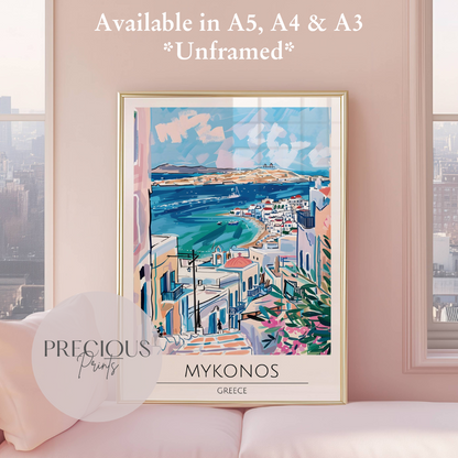 Greece, Mykonos Travel Print Poster / Vintage Wall Art / A5 A4 A3 / Unframed