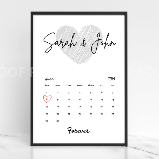 Personalised Valentine Anniversary Gift Calendar Art day we met print A5 A4 A3