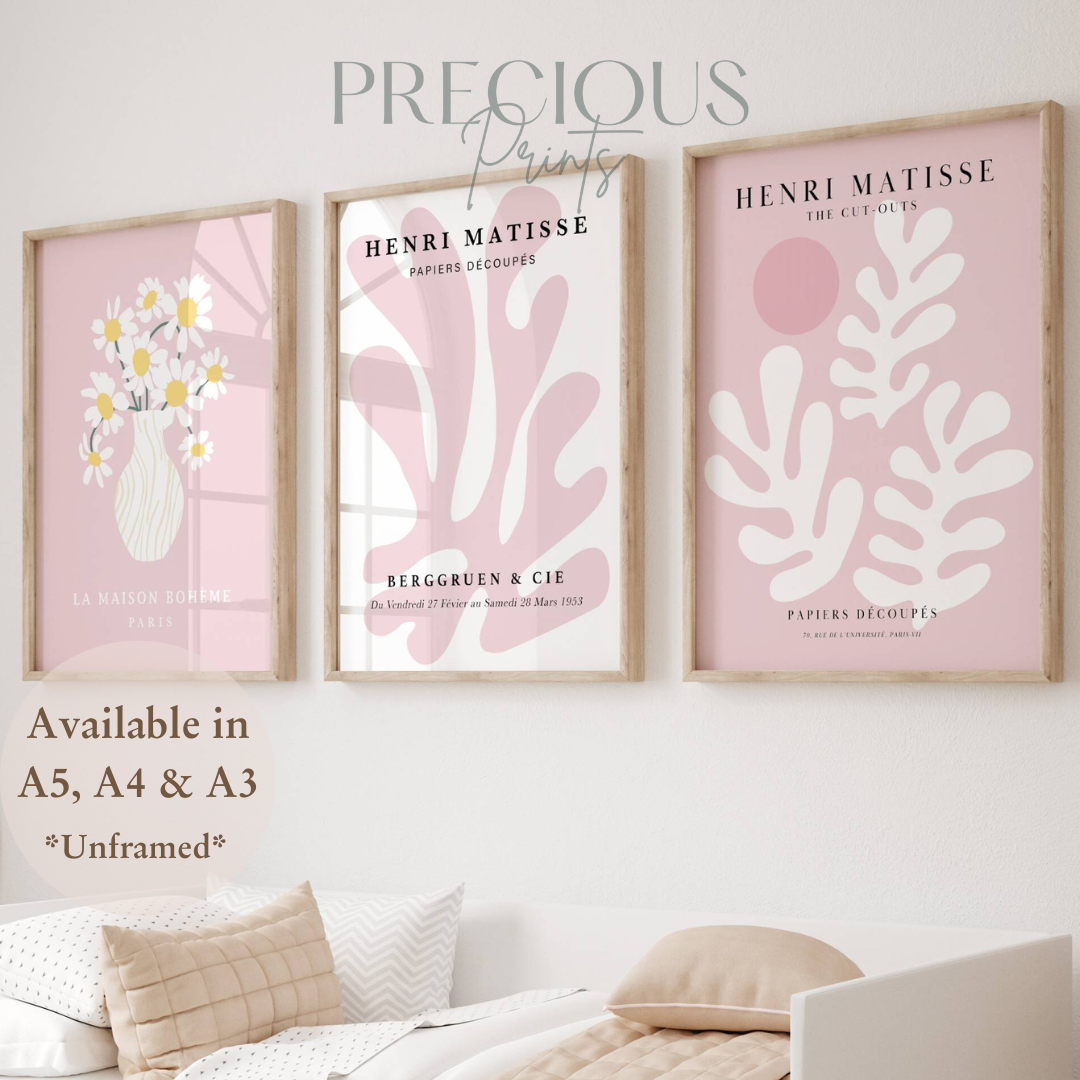 Set of 3 Pink Matisse Floral Pretty Prints Art Gallery Decor