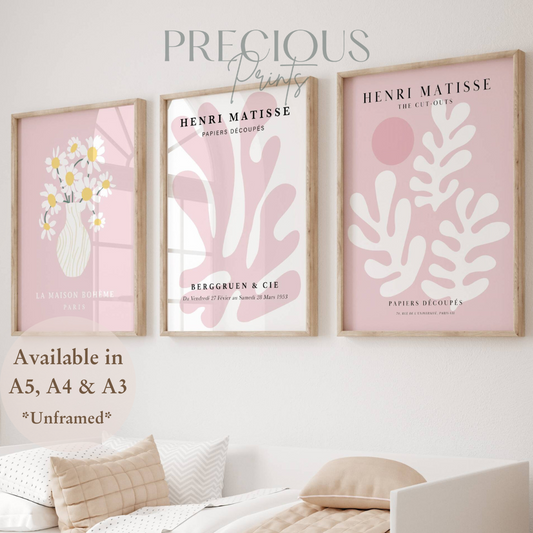 Set of 3 Pink Matisse Floral Pretty Prints Art Gallery Decor