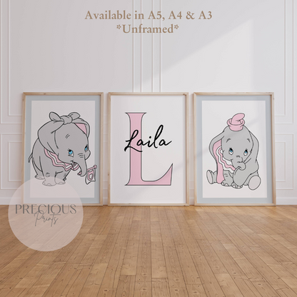 Set of 3 Personalised Dumbo Nursery Prints / Girls Poster / A5 A4 A3 / Gloss