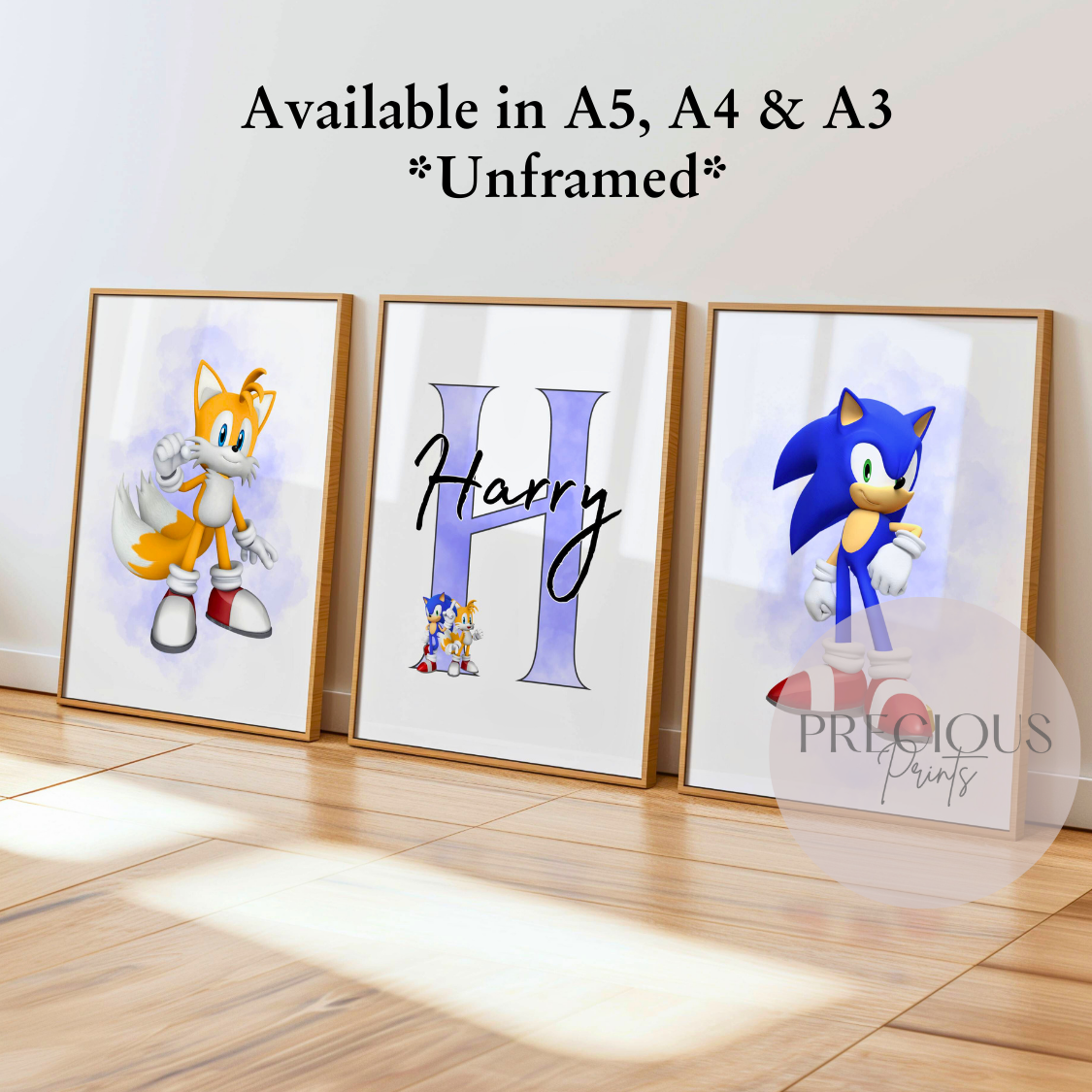 Set of 3 Childrens Personalised Sonic and Tails Bedroom Print / A5 A4 A3