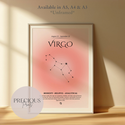 Virgo Zodiac Print / Preppy Trendy Wall Art Poster / A5 A4 A3 Unframed Pink