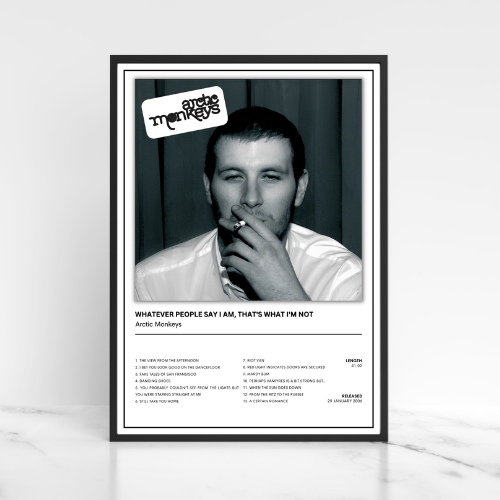 A framed black-and-white music poster of Arctic Monkeys featuring a portrait of the artist, track listing text, and a small logo at the top, displayed against a light marble background.