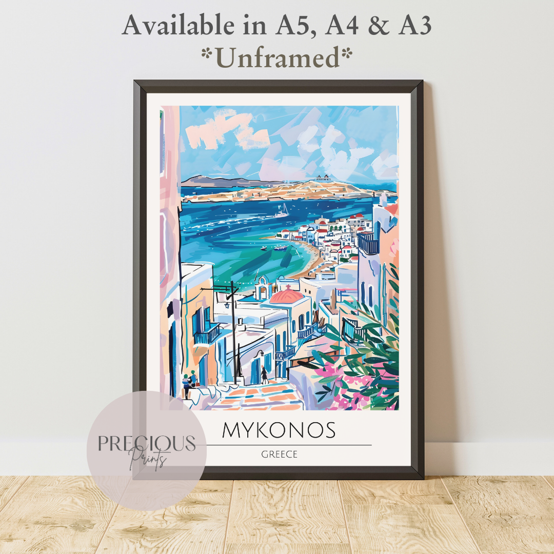 Greece, Mykonos Travel Print Poster / Vintage Wall Art / A5 A4 A3 / Unframed
