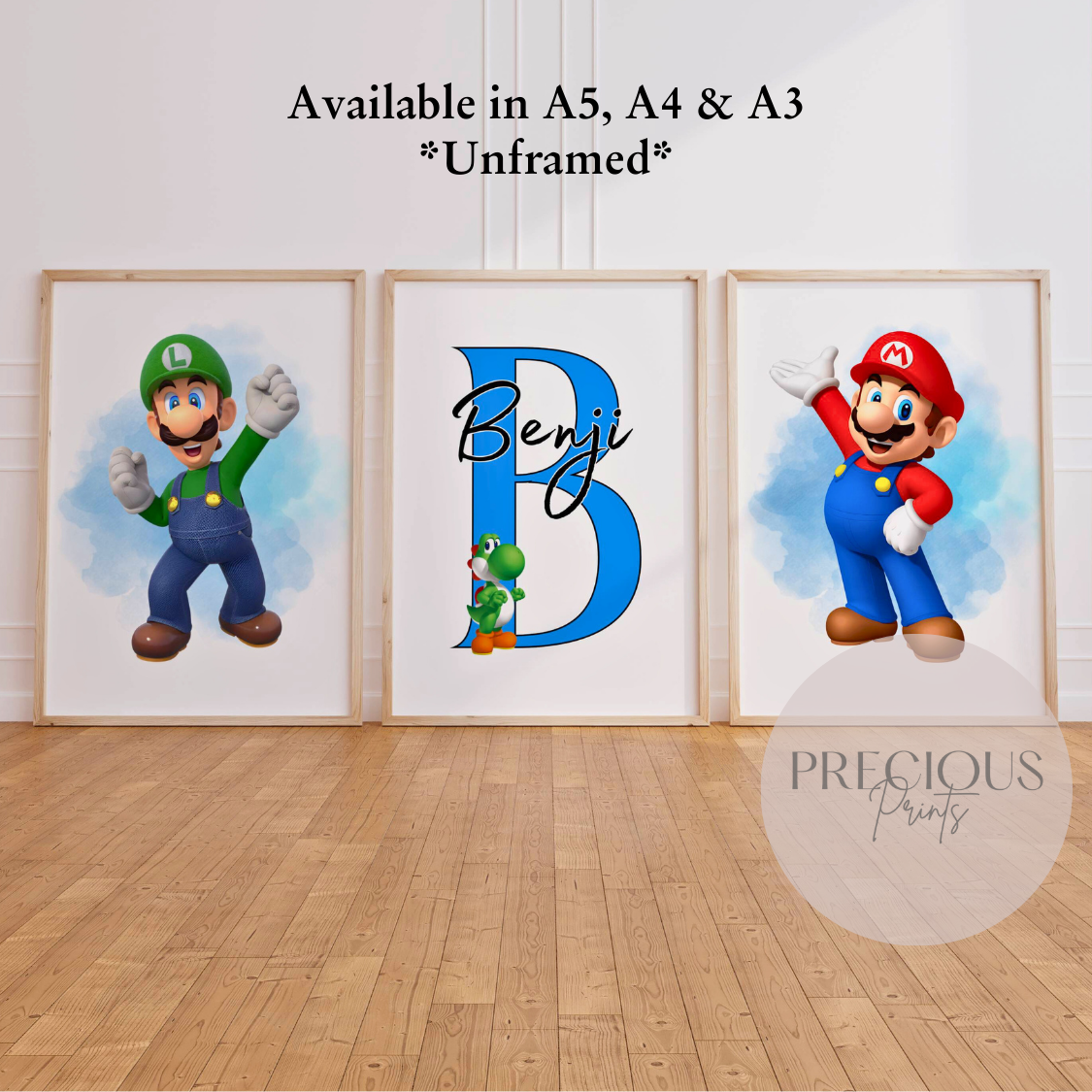 Set of 3 Mario Luigi Yoshi Personalised Prints / Gaming Prints / Boys Bedroom