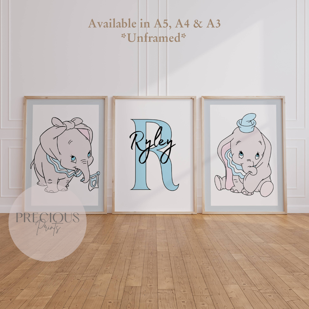 Set of 3 Personalised Dumbo Nursery Prints / Boys Poster / A5 A4 A3 / Gloss
