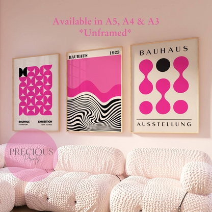 Set of 3 Pink Bauhaus Prints A5 A4 A3 Art Exhibition Fuchsia Pink Poster