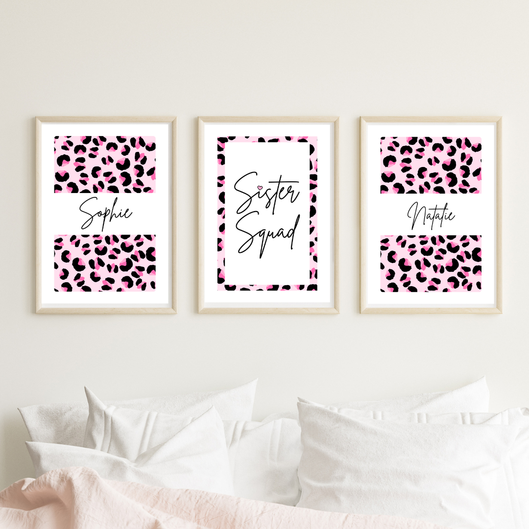 Set of 3 Sister Squad Leopard Print Personalised bedroom Print / Preppy