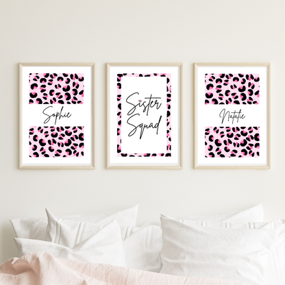 Set of 3 Sister Squad Leopard Print Personalised bedroom Print / Preppy
