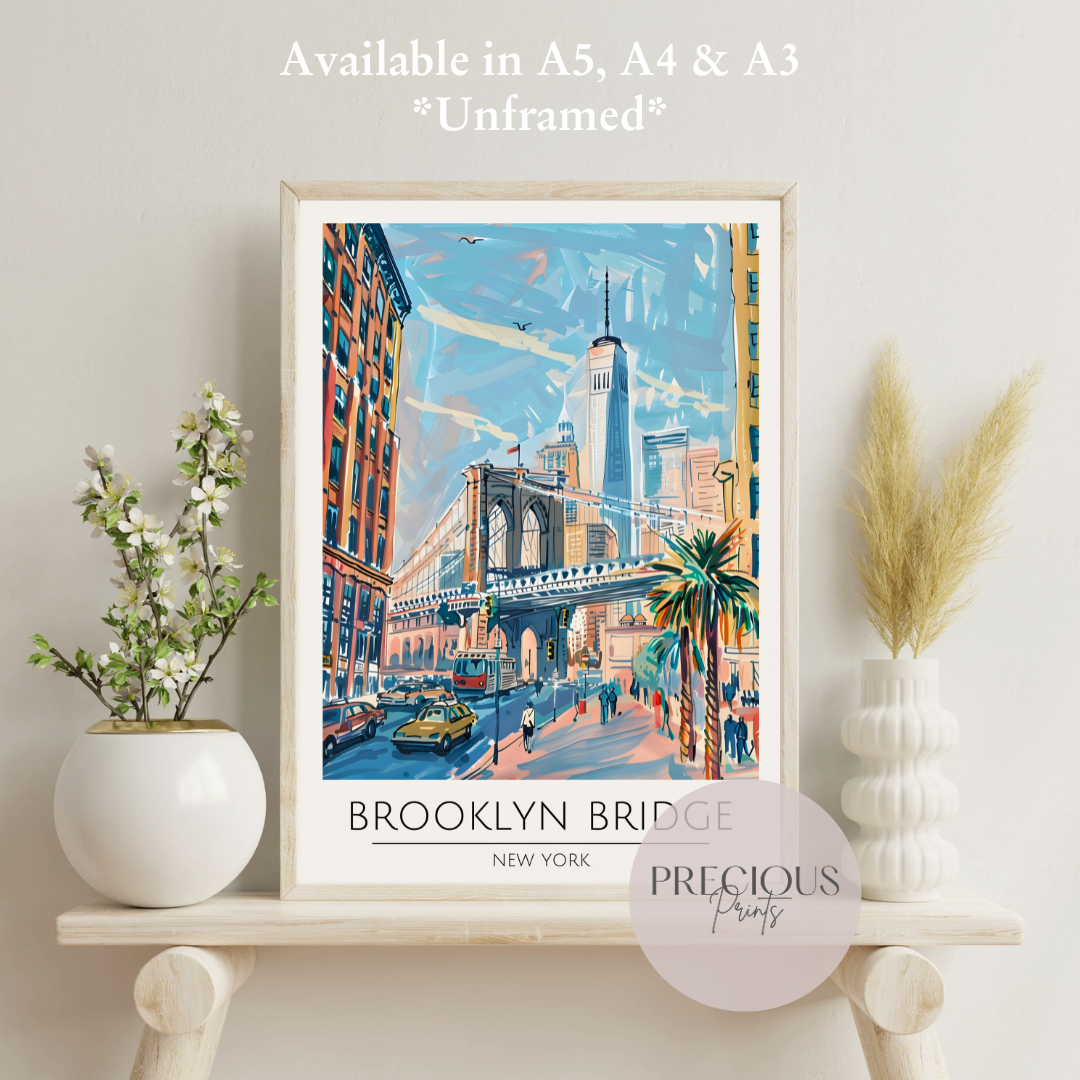 New York - Brooklyn Bridge Travel Print Poster- Travel Poster - Vintage Wall Art