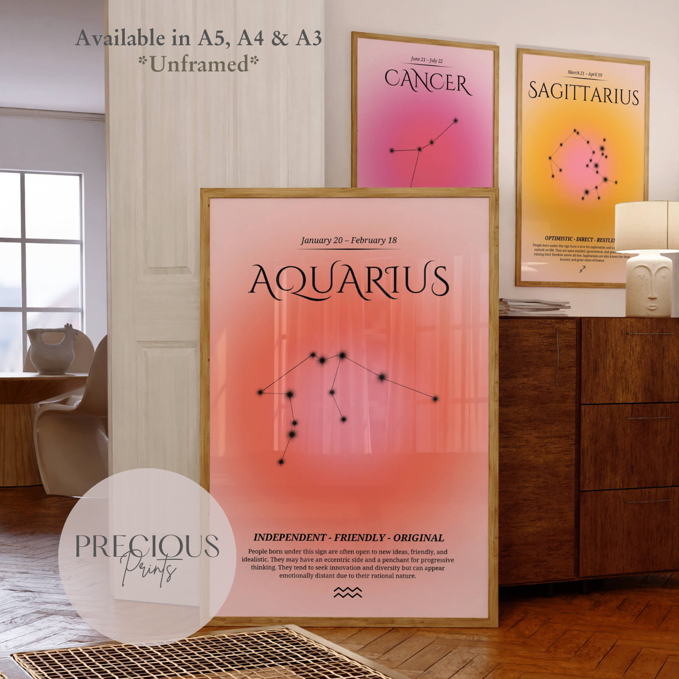 Aquarius Zodiac Print / Preppy Trendy Wall Art Poster / A5 A4 A3 Unframed Pink