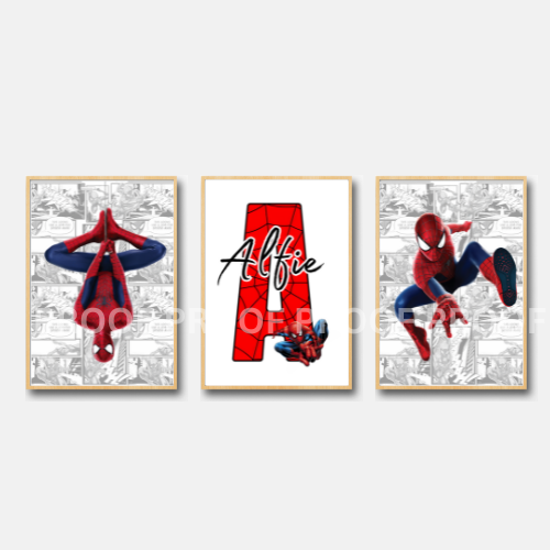 Set of 3 Personalised Girl/boy Nursery bedroom Print / Spiderman A5 A4 A3