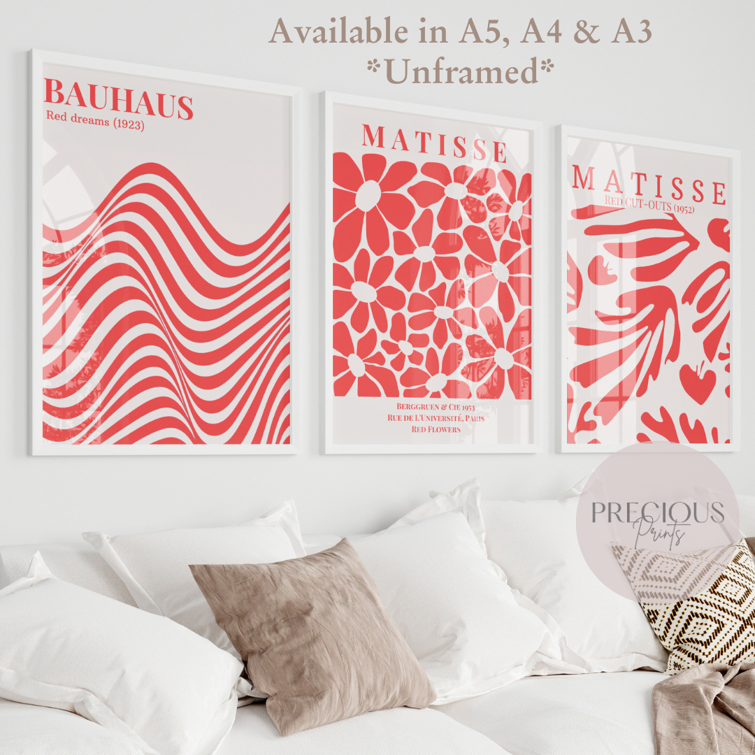 Set of 3 Red Bauhaus Matisse Prints A5 A4 A3 Art Exhibition Art Prints