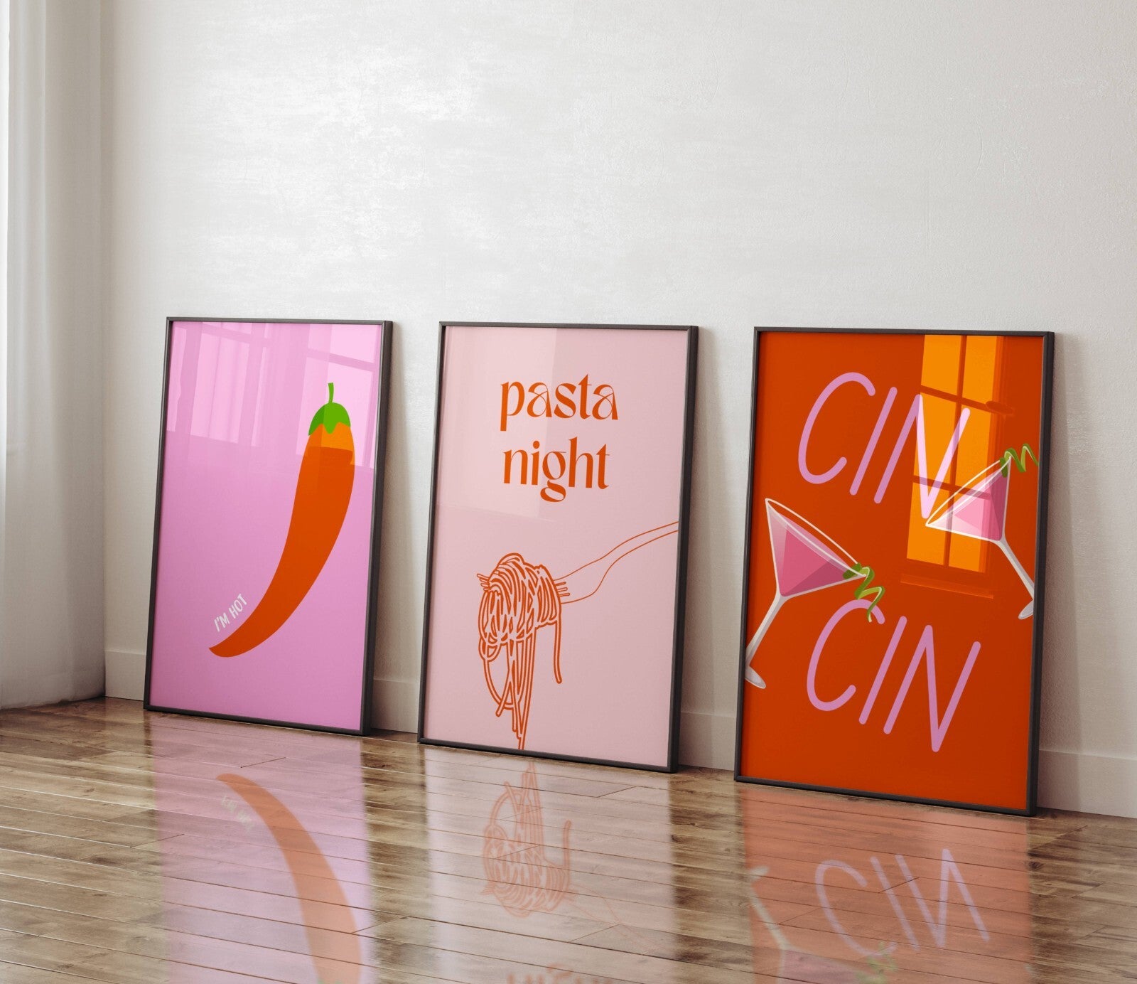 Set of 3 Cin cin Pasta Night Kitchen Bar Trendy Art Modern Print Preppy