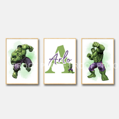 Set of 3 Personalised Girl/boy Nursery bedroom Print / Incredible Hulk A5 A4 A3