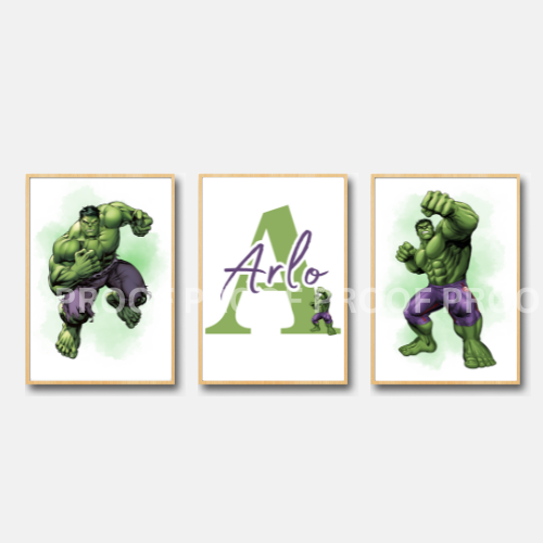 Set of 3 Personalised Girl/boy Nursery bedroom Print / Incredible Hulk A5 A4 A3