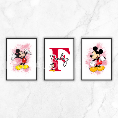 Set of 3 Personalised Girl/boy Nursery bedroom Print / Mickey Mouse A5 A4 A3