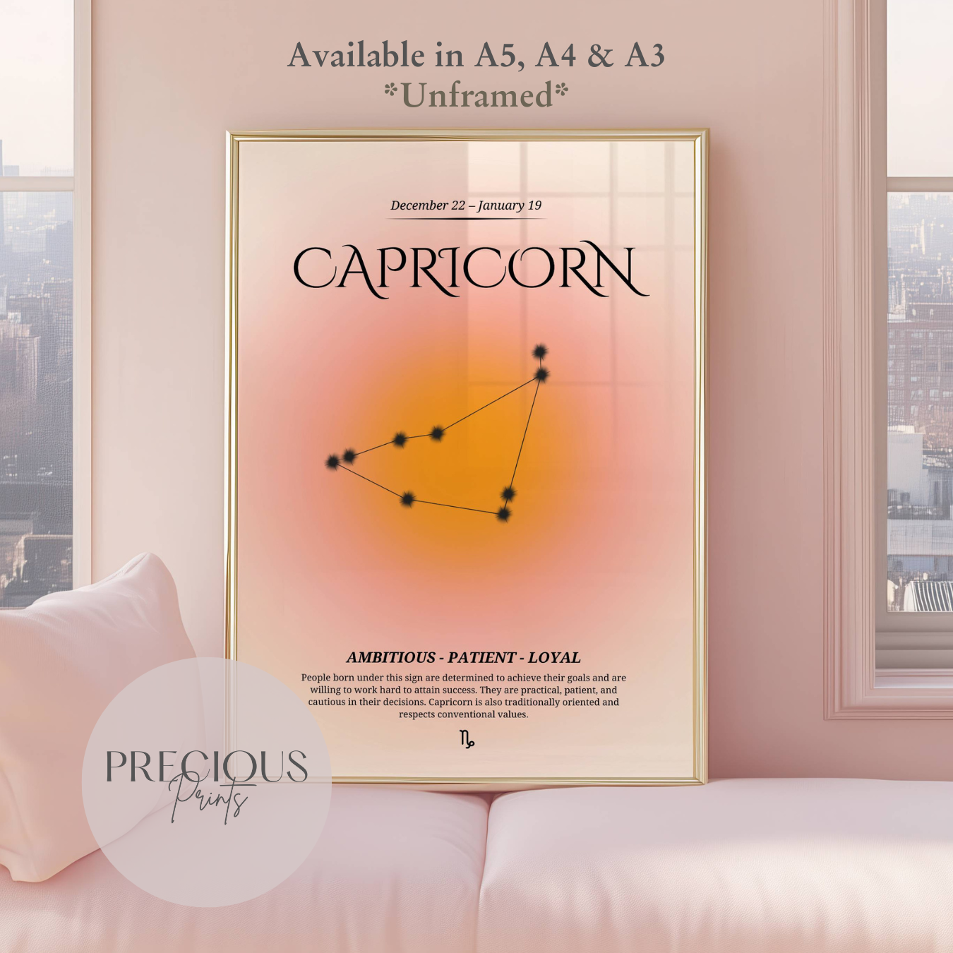 Capricorn Zodiac Print / Preppy Trendy Wall Art Poster / A5 A4 A3 Unframed Pink