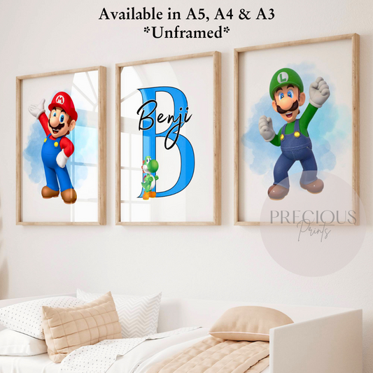 Set of 3 Mario Luigi Yoshi Personalised Prints / Gaming Prints / Boys Bedroom