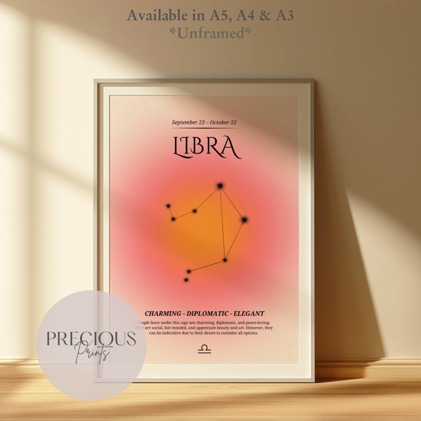 Libra Zodiac Print / Preppy Trendy Wall Art Poster / A5 A4 A3 Unframed Pink