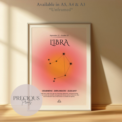 Libra Zodiac Print / Preppy Trendy Wall Art Poster / A5 A4 A3 Unframed Pink