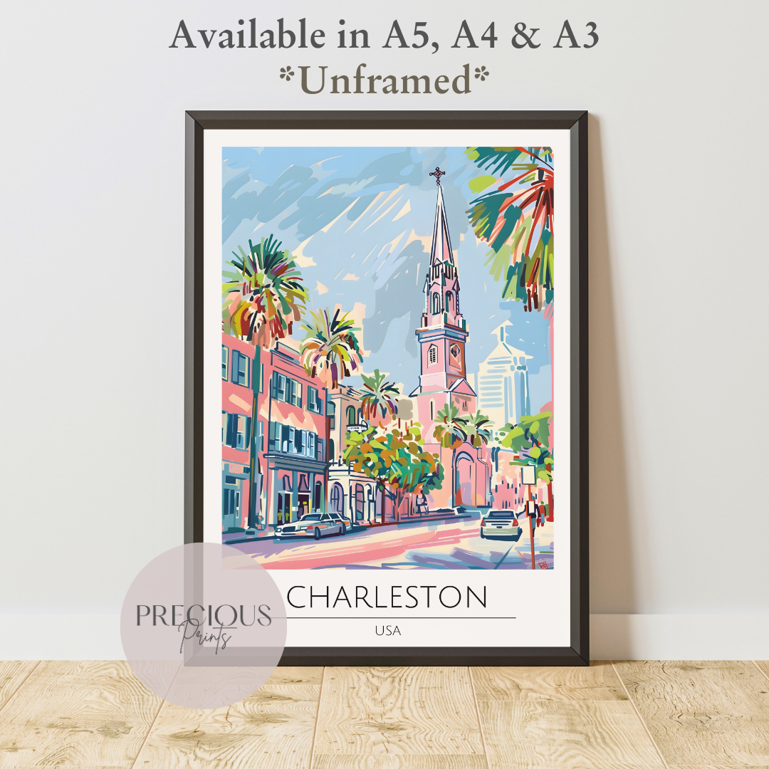 USA, Charleston Travel Print Poster / Vintage Wall Art / A5 A4 A3 / Unframed