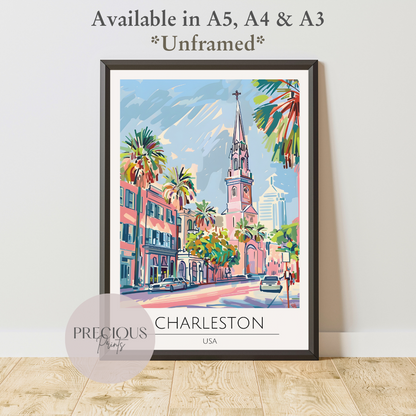 USA, Charleston Travel Print Poster / Vintage Wall Art / A5 A4 A3 / Unframed
