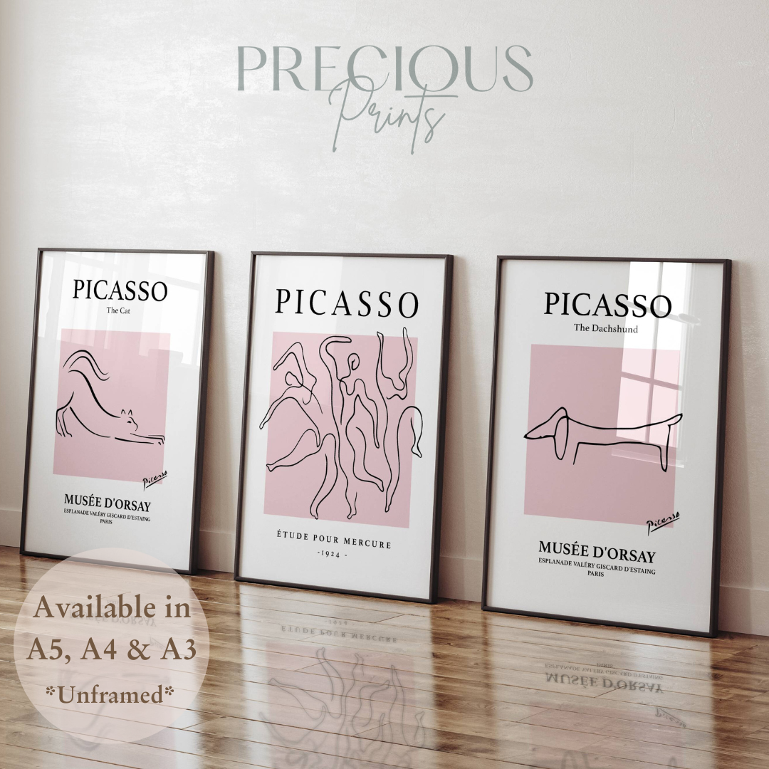 Set of 3 Pink Picasso Dancers Cat, Dachshund Morris Prints Art Gallery Decor