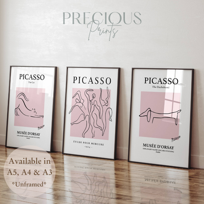 Set of 3 Pink Picasso Dancers Cat, Dachshund Morris Prints Art Gallery Decor
