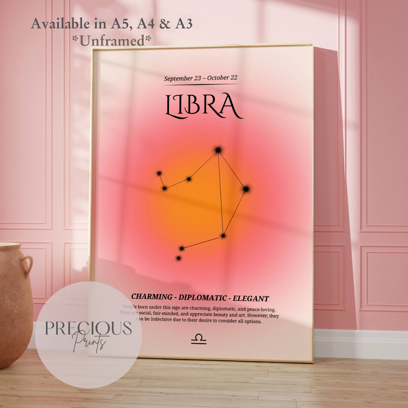 Libra Zodiac Print / Preppy Trendy Wall Art Poster / A5 A4 A3 Unframed Pink