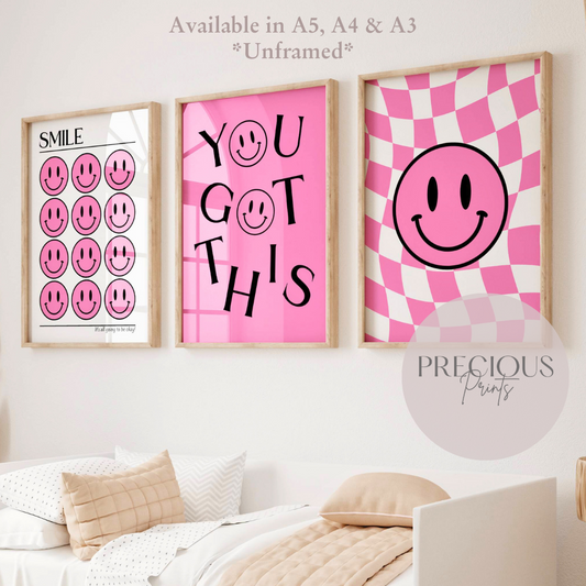 Set of 3 Pink Smiley Preppy Prints Motivational Poster / Collage Preppy Poster