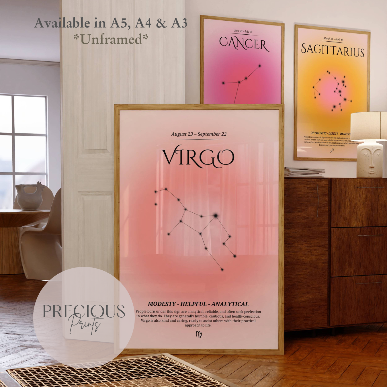 Virgo Zodiac Print / Preppy Trendy Wall Art Poster / A5 A4 A3 Unframed Pink