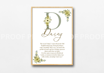 Personalised Print Birth Stats Meaning of name Elegant Floral A5 A4 A3