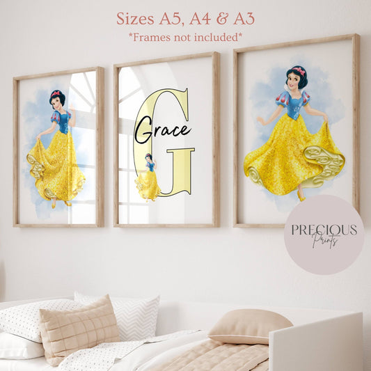 Set of 3 Personalised Girl/boy Nursery bedroom Print / Snow White A5 A4 A3