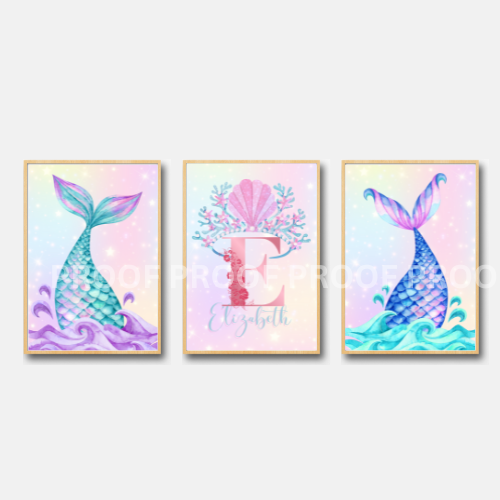 Set of 3 Girls Personalised Mermaid bedroom Nursery Print / A5 A4 A3