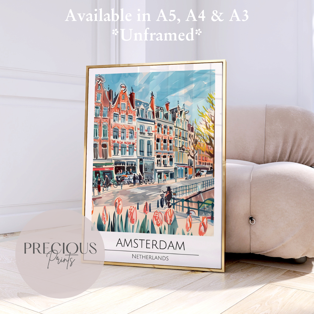 Amsterdam - Netherlands Print Poster- Travel Poster - Vintage Wall Art