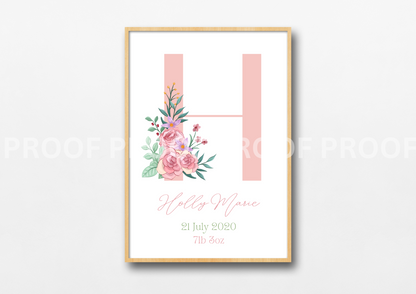 Childrens Personalised Print New baby Nursery Elegant Floral A5 A4 A3