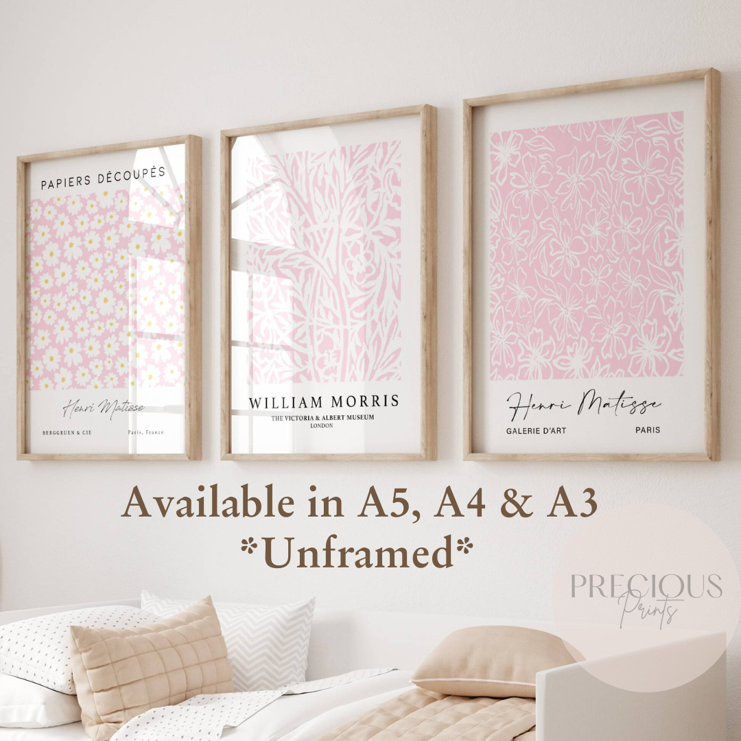 Set of 3 Pink Matisse / William Morris Prints A5 A4 A3 Wall Art Gallery Decor