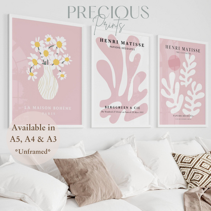 Set of 3 Pink Matisse Floral Pretty Prints Art Gallery Decor