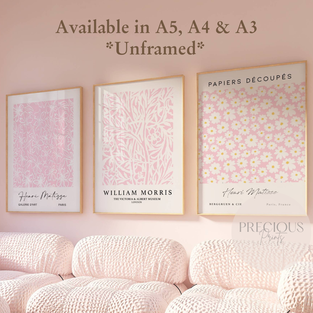 Set of 3 Pink Matisse / William Morris Prints A5 A4 A3 Wall Art Gallery Decor